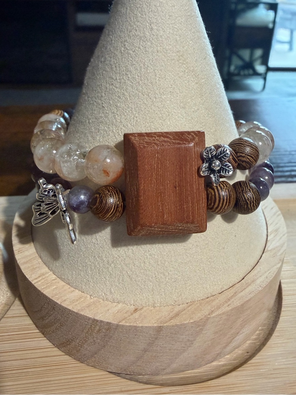 🌿 Natural Gemstone & Wood Statement Bracelet Stack: Malachite, Amethyst & Quartz